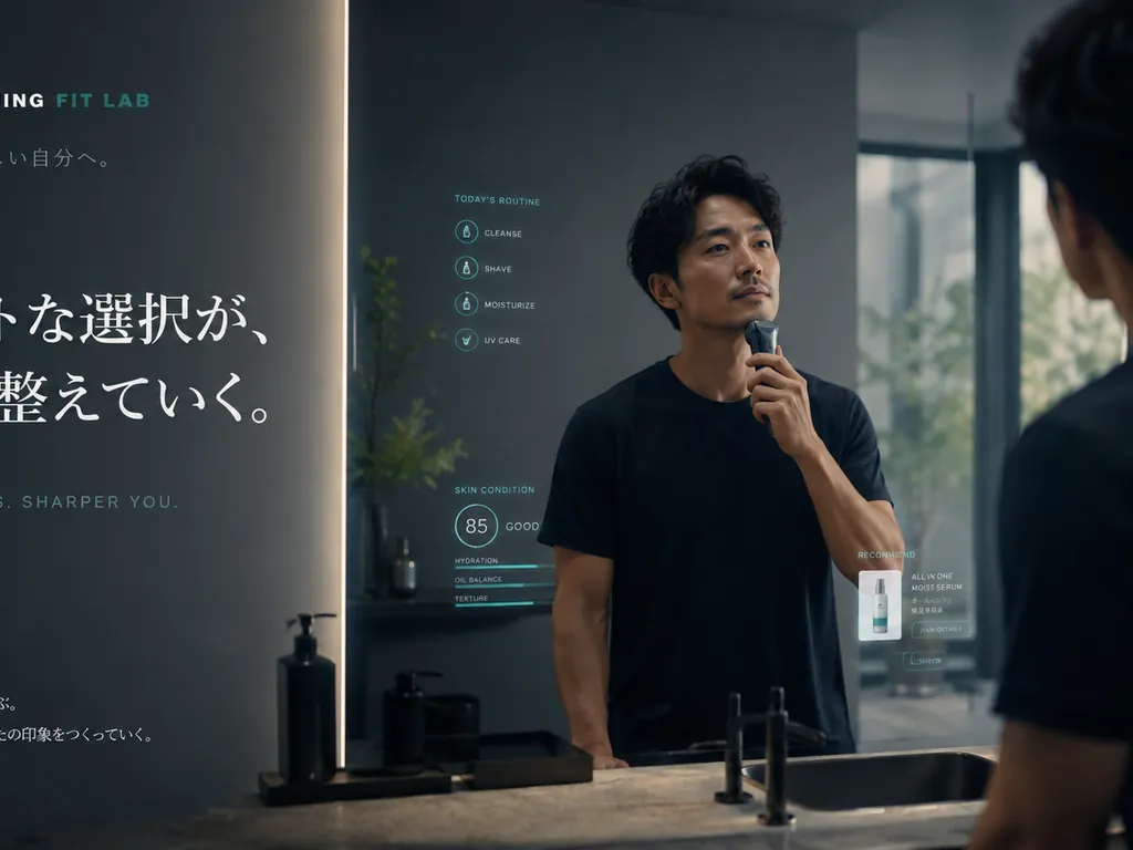 鏡を見ながら身だしなみの選び方を考える男性のイメージ